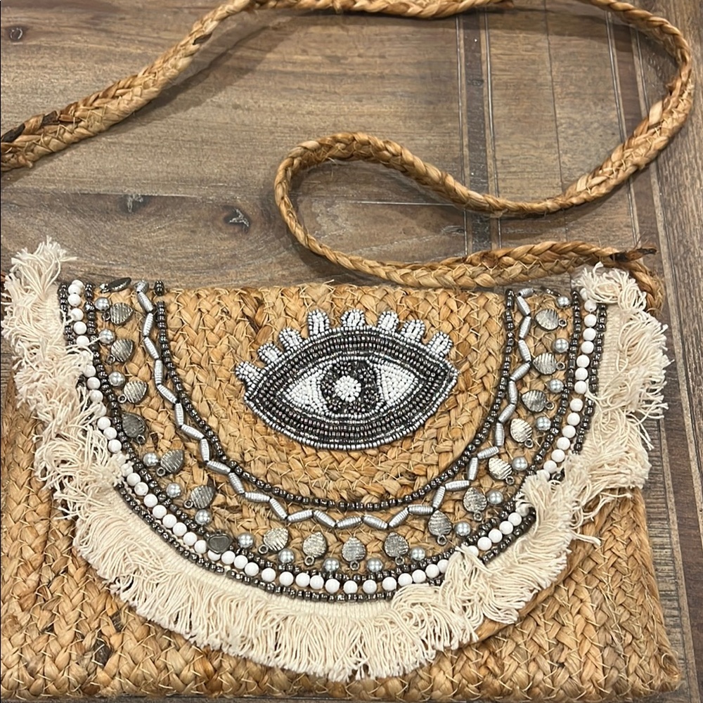Embroidered Tan Straw Woven Crossbody Bag